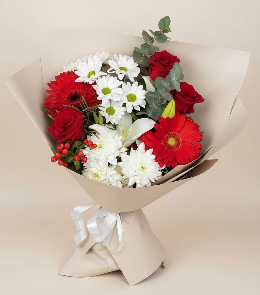 Букет цветов из: Розы, Хризантемы, Герберы и Лилии в Реммаш